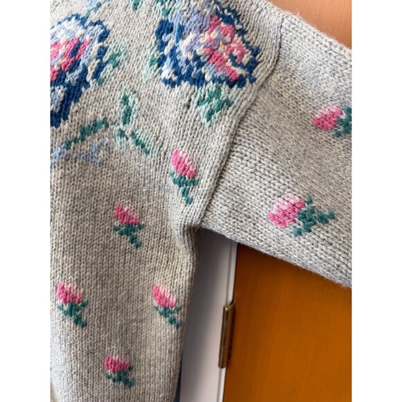Vintage Eagles Eye Womens M Cardigan Wool Floral Tan Blue Pink Button Up Sweater - Picture 5 of 16